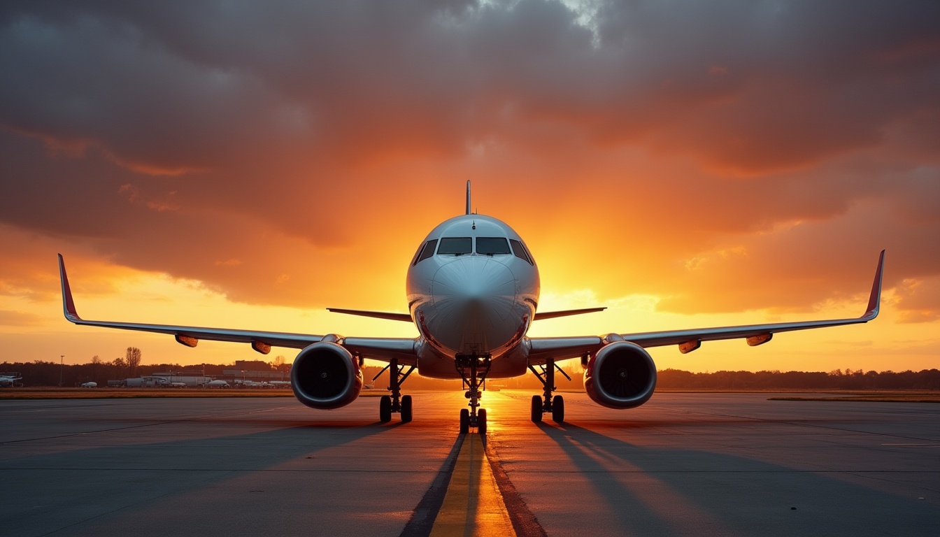 Aircraft parked on an apron at golden hour