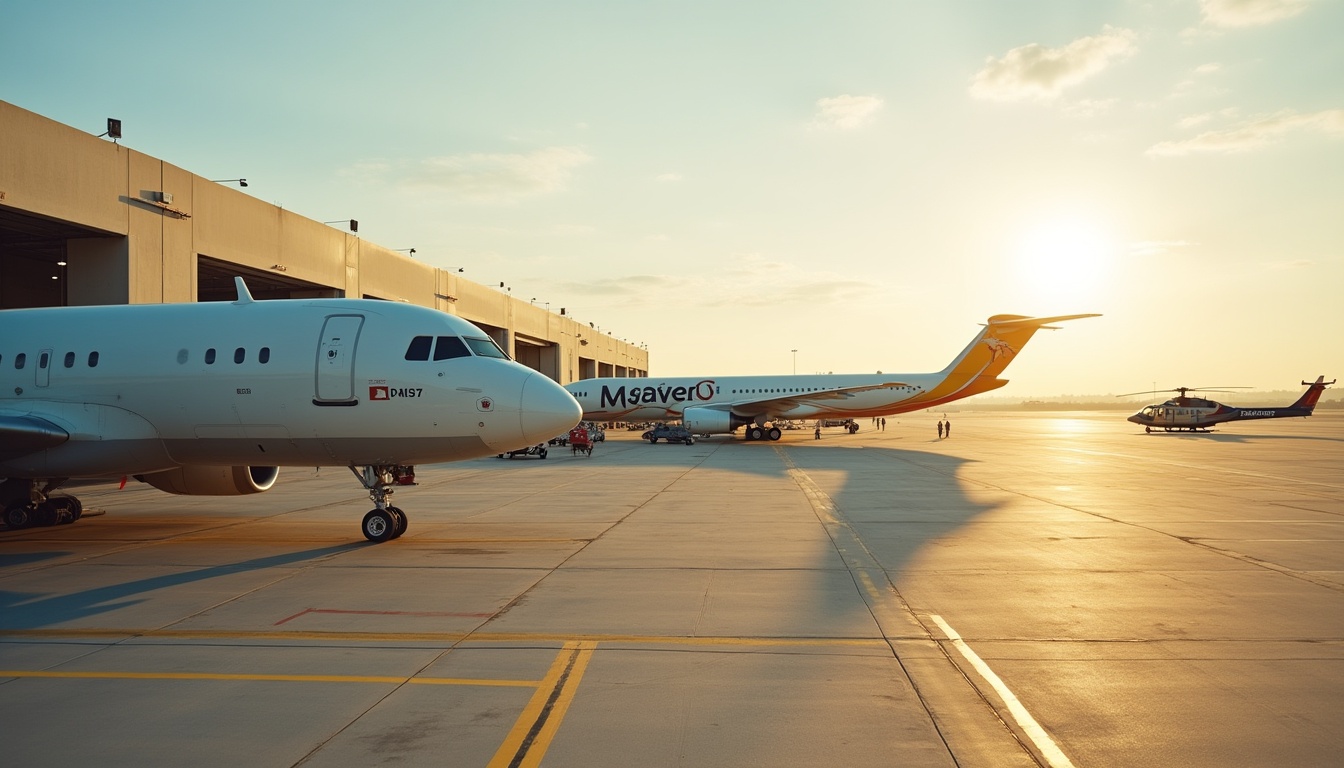Mixed aircraft and a helicopter on an airport apron